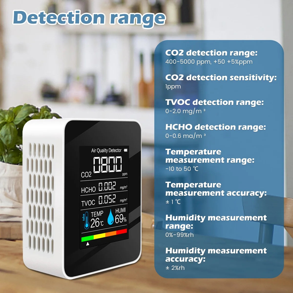 5-in-1 Indoor Air Quality Monitor | Portable CO2, TVOC, HCHO & Temp/Humidity Meter