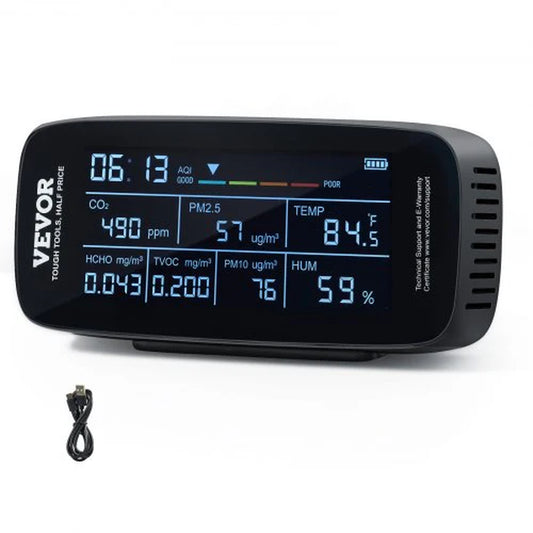 VEVOR 9-in-1 Professional Air Quality Monitor | CO2, PM2.5/PM10 Particle Counter, HCHO/TVOC Tester