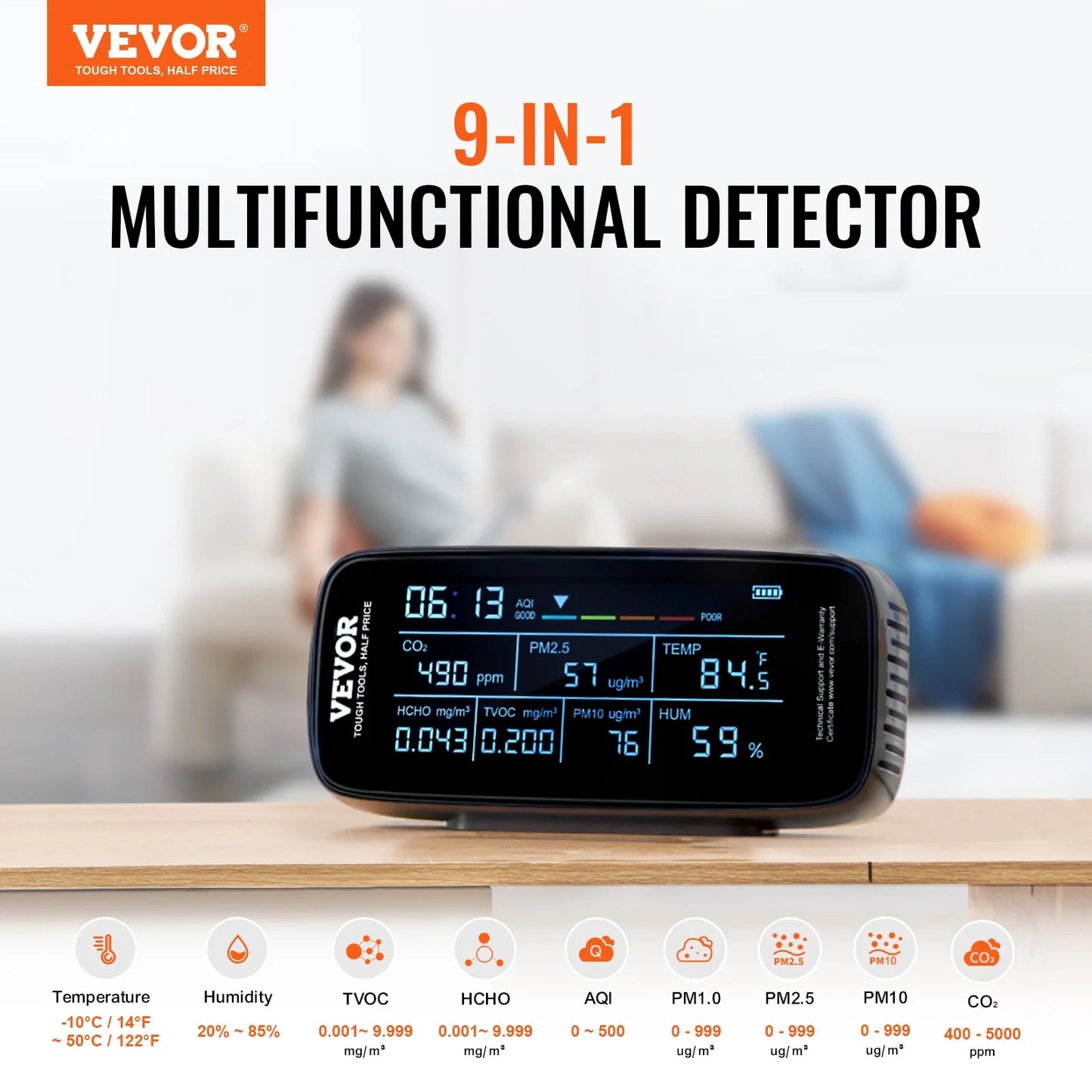 VEVOR 9-in-1 Professional Air Quality Monitor | CO2, PM2.5/PM10 Particle Counter, HCHO/TVOC Tester