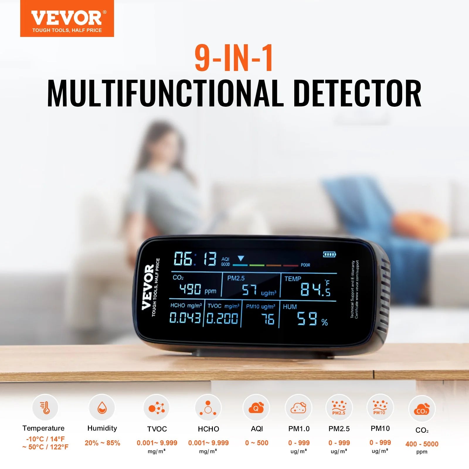 VEVOR 9-in-1 Professional Air Quality Monitor | CO2, PM2.5/PM10 Particle Counter, HCHO/TVOC Tester