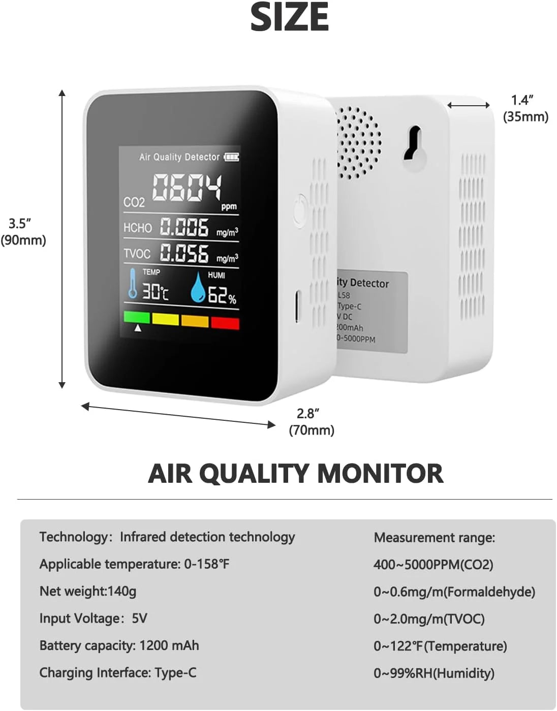 5-in-1 Indoor Air Quality Monitor | Portable CO2, TVOC, HCHO & Temp/Humidity Meter