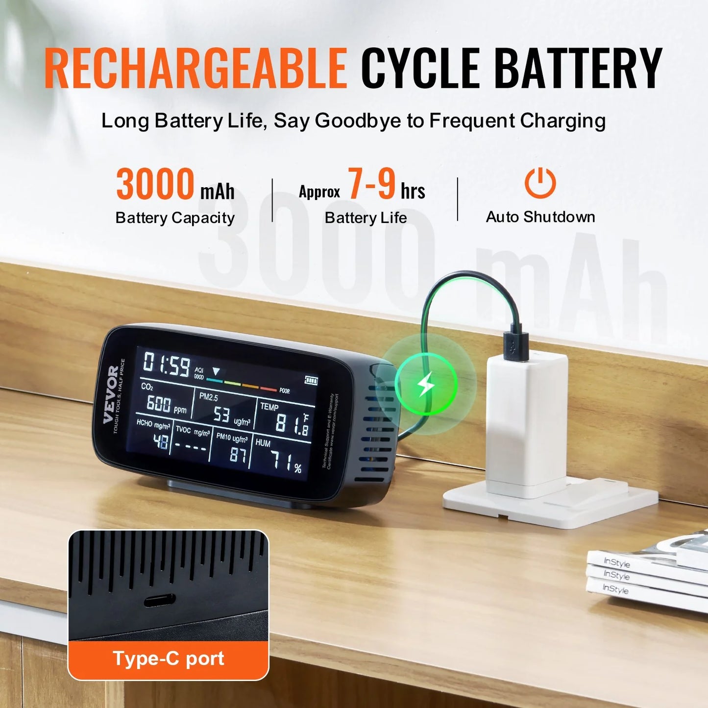 VEVOR 9-in-1 Professional Air Quality Monitor | CO2, PM2.5/PM10 Particle Counter, HCHO/TVOC Tester