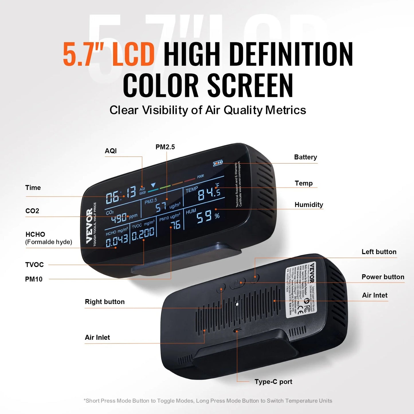 VEVOR 9-in-1 Professional Air Quality Monitor | CO2, PM2.5/PM10 Particle Counter, HCHO/TVOC Tester