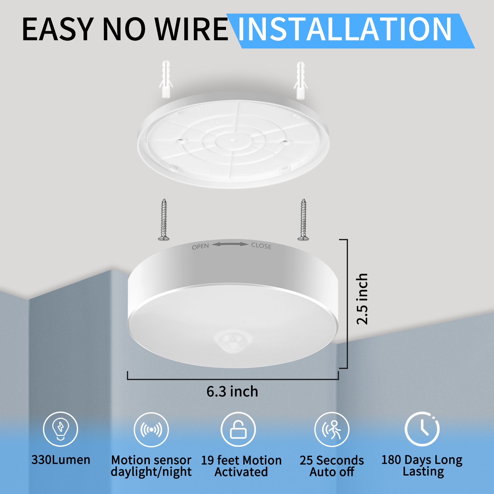 Wireless Motion Sensor LED Ceiling Light | Battery-Powered, Cordless Safety Light
