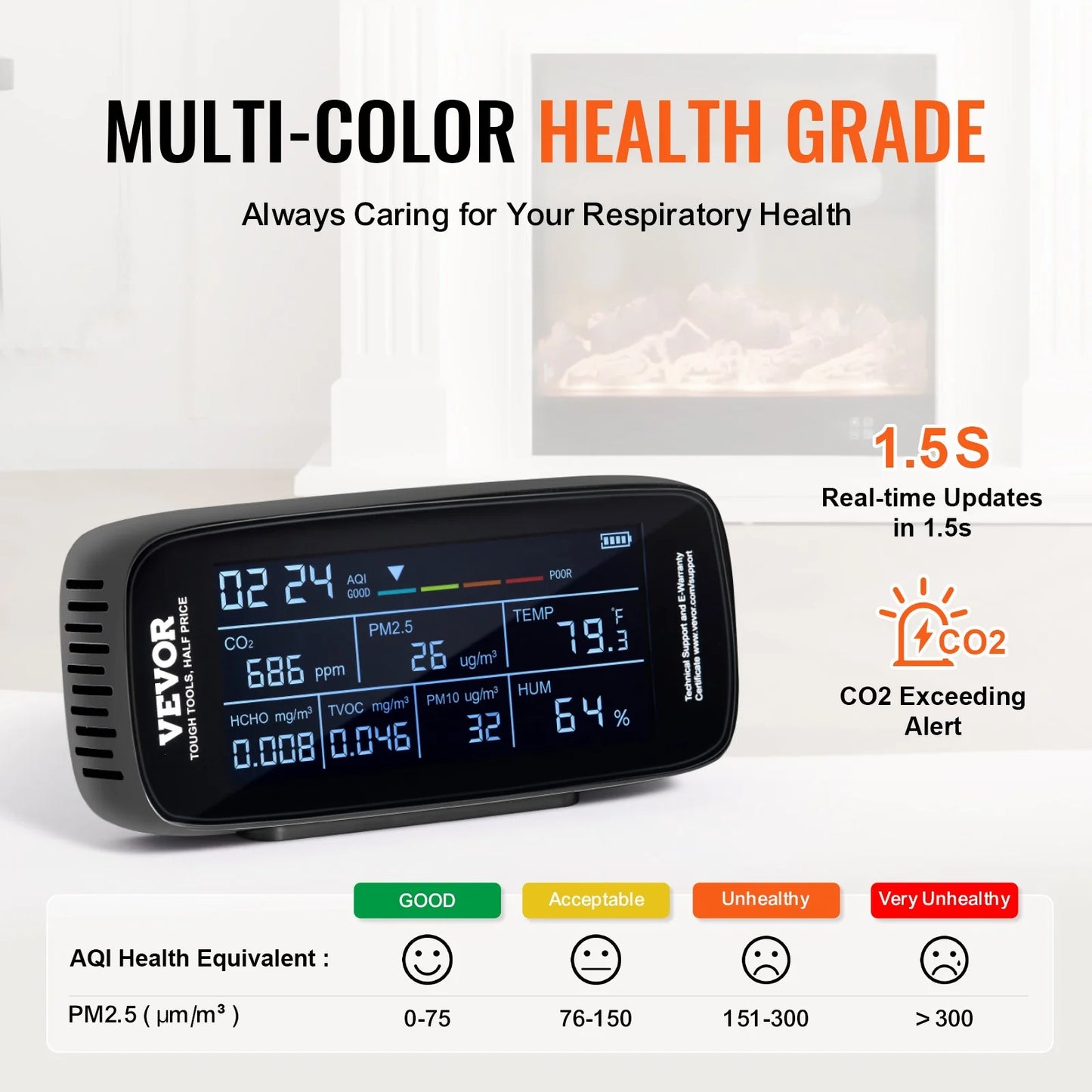 VEVOR 9-in-1 Professional Air Quality Monitor | CO2, PM2.5/PM10 Particle Counter, HCHO/TVOC Tester