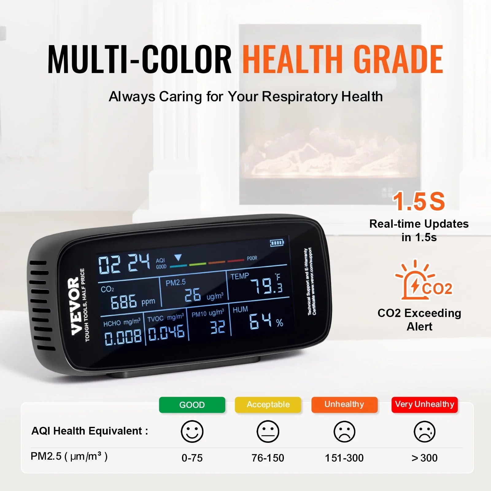 VEVOR 9-in-1 Professional Air Quality Monitor | CO2, PM2.5/PM10 Particle Counter, HCHO/TVOC Tester